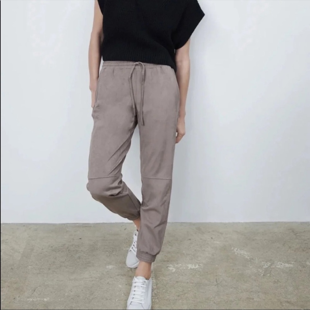 Zara suede elastic tie waist jogger pant in a brownish gray color.